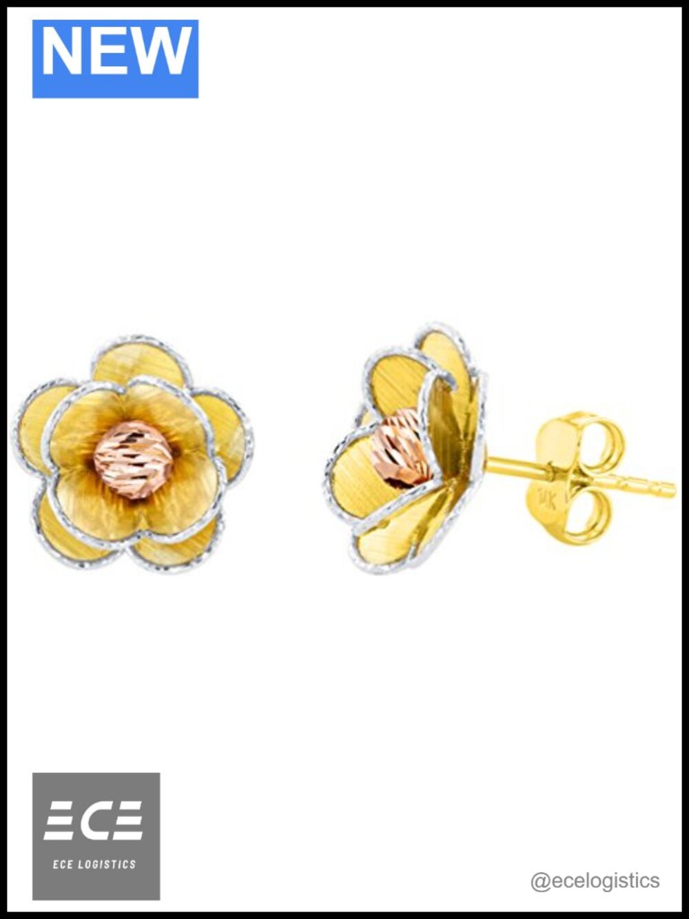 14K Tri Color Gold Blooming Flower Stud Earrings Textured